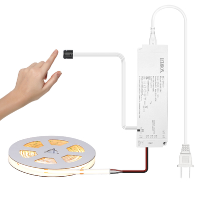 شريط إضاءة LED من LETARON COB، شريط إضاءة LED بجهد 24 فولت، 480 قطعة/متر من مصابيح LED، سطوع فائق، 3000 كلفن، أبيض دافئ، 5 أمتار، قابل للتعتيم مع شريط بطول 5 أمتار، مزود طاقة UL بقدرة 60 واط، مفتاح لمس لغرفة النوم والمنزل والمطبخ DIY