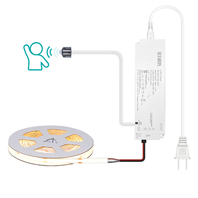 شريط إضاءة LED من LETARON COB، شريط إضاءة LED بجهد 24 فولت، 480 قطعة/متر من مصابيح LED، سطوع فائق عالي اللمعان 3000 كلفن، أبيض دافئ 5 أمتار، قابل للتعتيم مع شريط بطول 5 أمتار، مزود طاقة UL بقوة 60 واط، مفتاح مستشعر الحركة (PIR) لغرفة النوم والمنزل والمطبخ بنفسك
